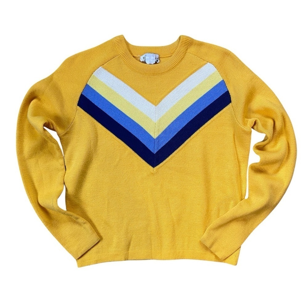 Vintage 70s Slalom Bright Gold And Blue Chevon Crew Neck Sweater Size S/M